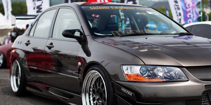 1080x1080 car, Mitsubishi Lancer Evo IX, Tuning, JDM, Stance, Lowered, Flag