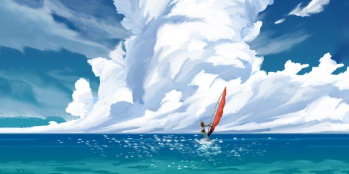 1920x1080 Person riding wind surf painting, Suisei no Gargantia, anime, sea
