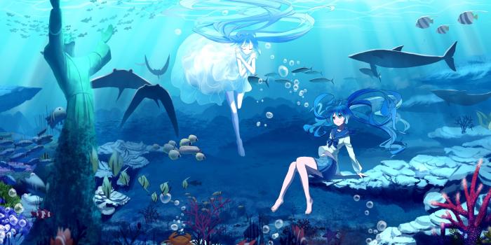 3840x2160 Wallpaper Hatsune Miku, blue hair anime girls, underwater, sea, fish