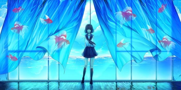 1920x1080 fish, school uniforms, curtains, anime girls, sea, upscaled