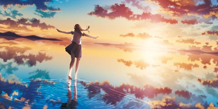 1300x921 sea, Sunset, Sun, Clouds, Original Characters, Anime Girls