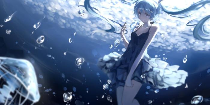 1332x850 Wallpaper girl, smile, bubbles, anime, art, jellyfish, vocaloid
