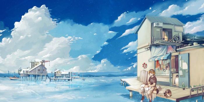 1500x1060 Anime - Original Anime House Sea Dog Cat People Wallpaper | Art in