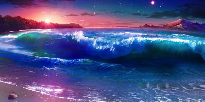 1440x900 Download 1440x900 Wallpaper Beach, Sea Waves, Sunset, Anime