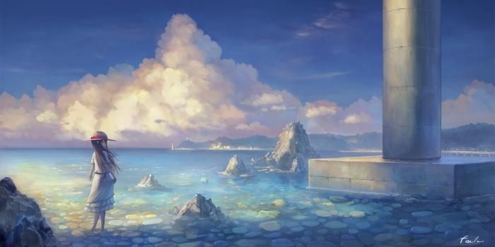 1780x908 4530832 #anime girls, #sky, #long hair, #landscape, #hat, #dress