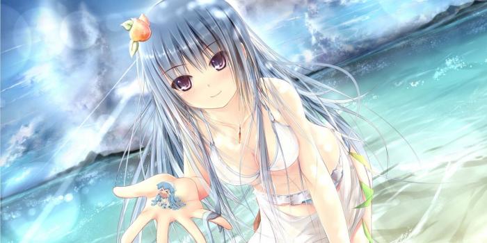 1600x900 Download wallpaper 1600x900 anime, girl, hair, swimsuit, sea, sun