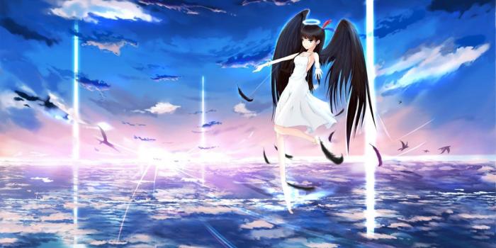 1280x720 Anime Girl Female Clouds Sea Angel Sky Wings HD Wallpaper Desktop Pc