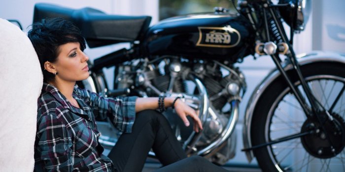 1332x850 Photo Wallpaper Girl, Pose, Motorcycle, Sergei Goncharov