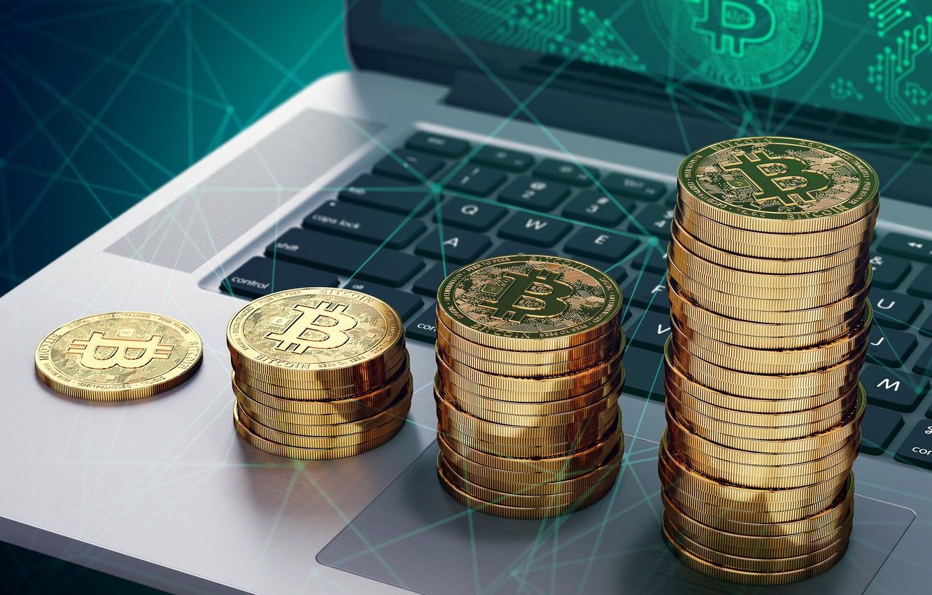 1332x850 Wallpaper laptop, coins, notebook, bitcoin, stack, bitcoin, btc