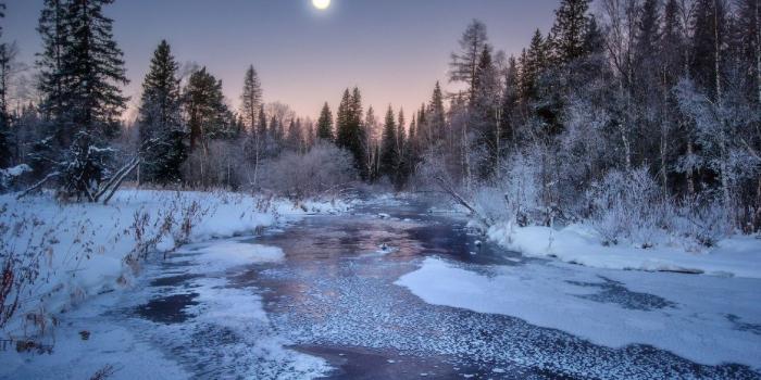 1332x850 Wallpaper winter, forest, snow, trees, landscape, sunset, river