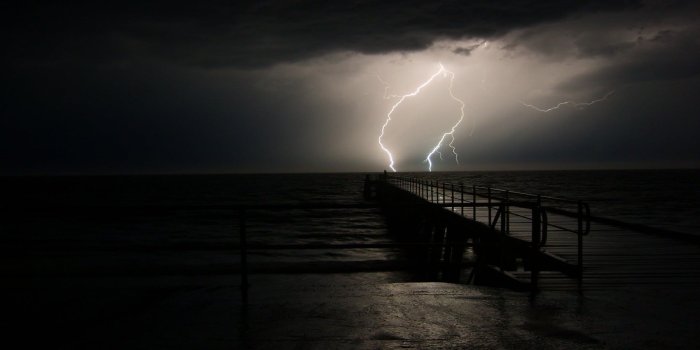 1920x1080 Black and brown wooden dock, lightning, sea, sky, night HD wallpaper