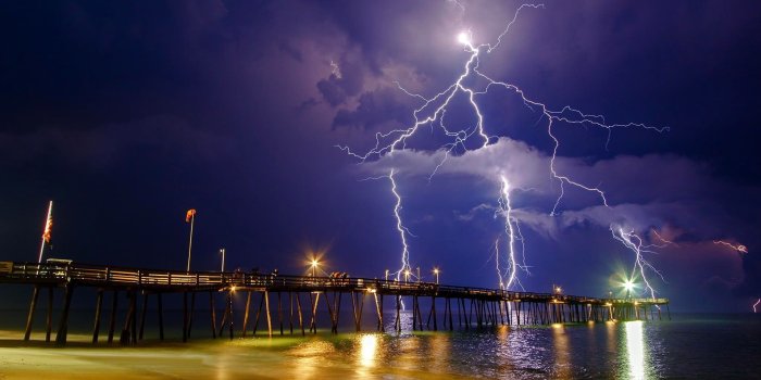 1920x1200 Brown wooden dock, nature, pier, lightning, sea HD wallpaper