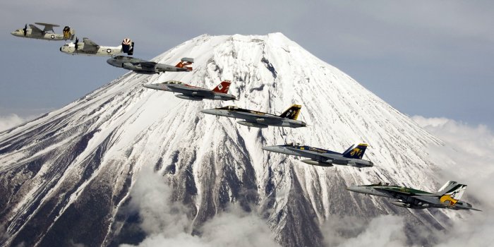4288x2848 HD wallpaper: Fuji, carrier, mountain, jet, fighter, U.S. Navy