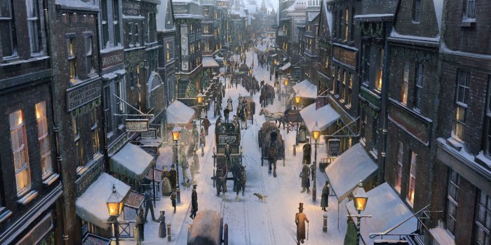 1296x700 Art city snow winter street carts horses people christmas wallpaper