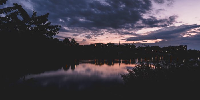 6720x3780 wallpaper sunset, night, river, buildings, outlines, highland park