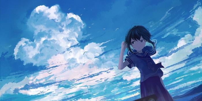 2440x1522 Download 2440x1522 Anime Girl, Clouds, School Uniform, Wind, Birds