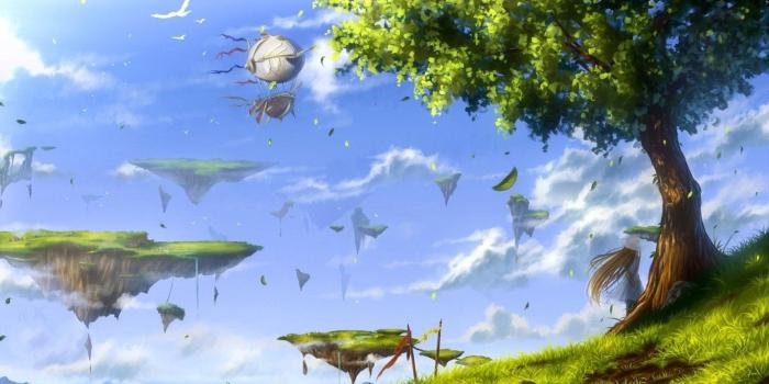 1366x768 anime birds leaves trees floating island Wallpapers HD / Desktop and