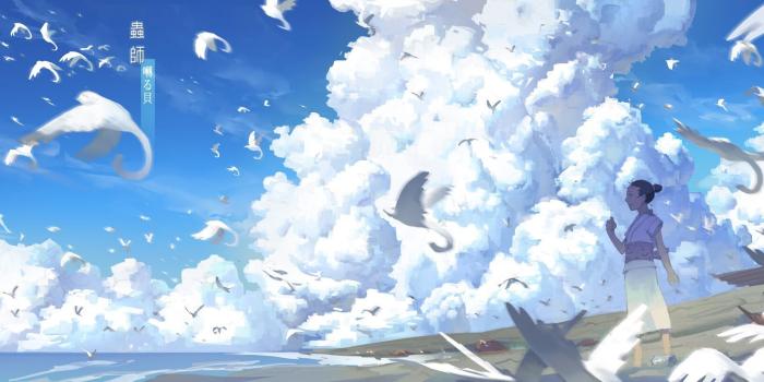 1920x812 Black haired anime character wallpaper, birds, clouds, Mushishi HD