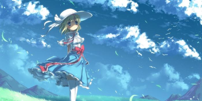 1920x1458 4592304 #clouds, #field, #birds, #sky, #thigh-highs, #dress, #anime