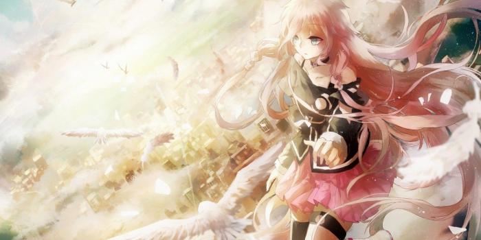 1332x850 Wallpaper girl, birds, the city, height, anime, art, vocaloid images