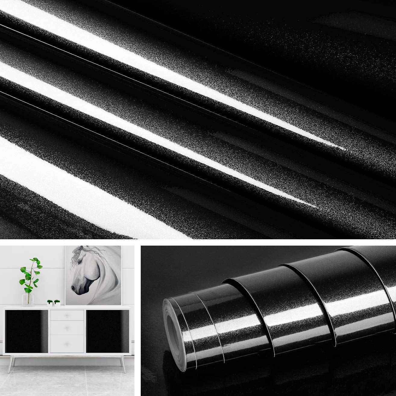 1314x1314 Livelynine Glossy Solid Black Peel and Stick Wallpaper for Wardrobe