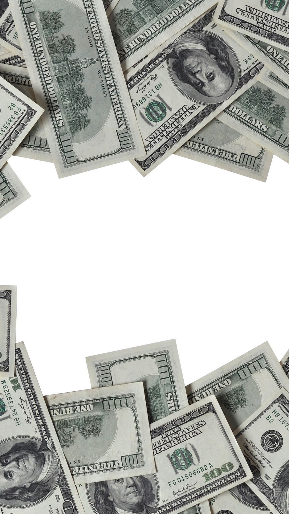 938x1668 Download wallpaper 938x1668 dollars, frame, money, white background