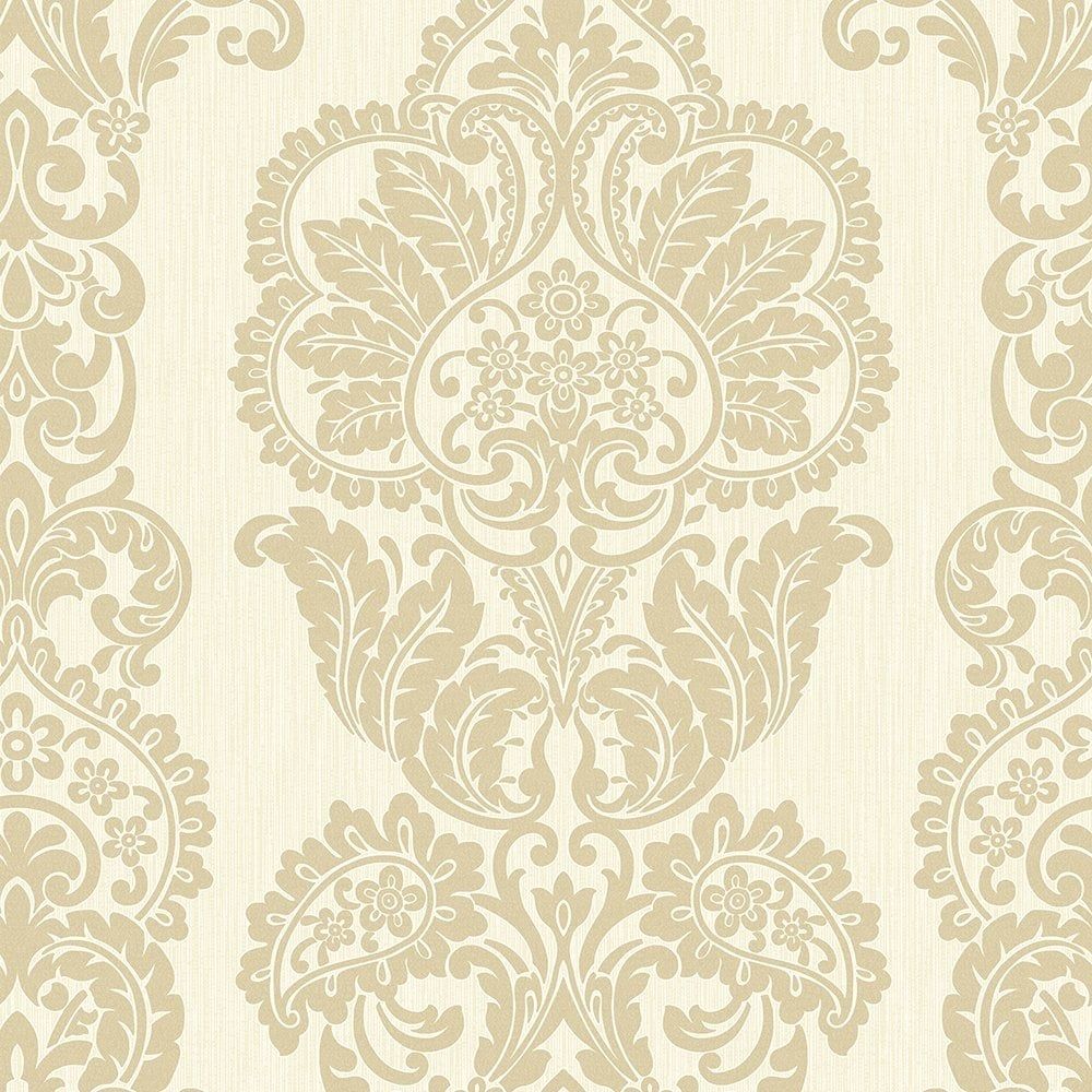 1000x1000 Fine Decor Rochester Damask Textured Glitter Wallpaper Soft Cream, Gold  (FD40900)