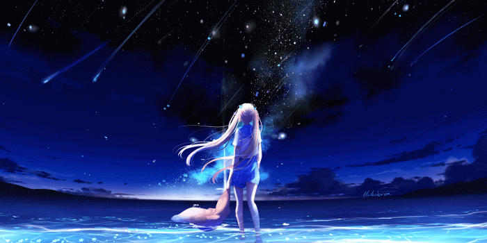 3840x2160 Wallpaper Anime girl, Night, Sea, Beach, Blue, 4K, Anime, #13011