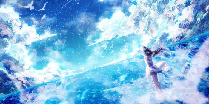 1245x700 Anime bird sky light dress long hair original blue girl beauty