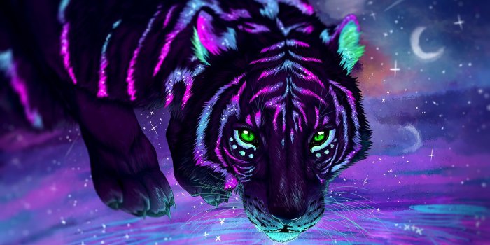 1920x1080 Black and purple tiger painting, digital art, tiger, stars, galaxy