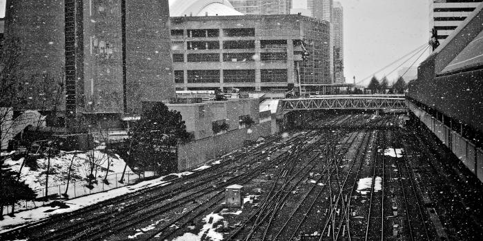 1920x1200 Winter Snow BW Tracks Buildings Railroad Toronto wallpaper
