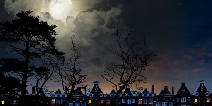 1332x850 Wallpaper the sky, clouds, trees, landscape, the moon, moon, sky