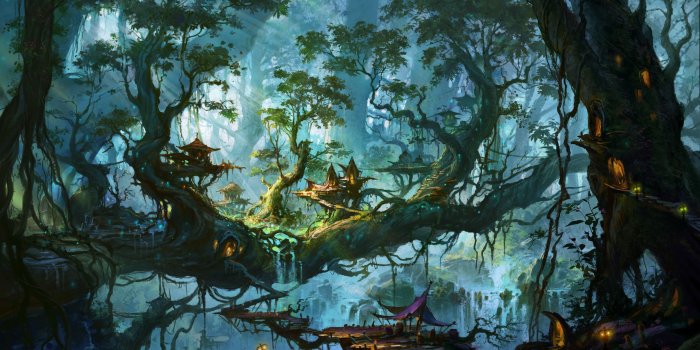 4000x2500 3001796 4000x2500 Fantasy, Forest, Magical, Tree, Village, Waterfall