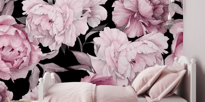 2250x2500 Removable Wallpaper Pink Peony on Black Background Peel & Stick Wallpaper  Wallpaper Mural