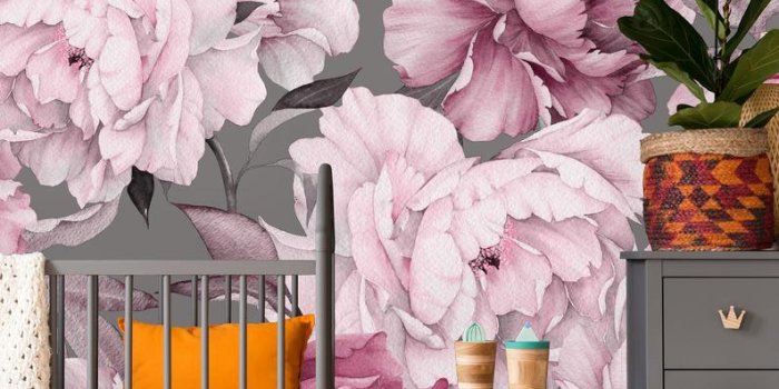 794x1191 Pink Peony on Gray Background Peel & Stick Wallpaper Wallpaper Mural