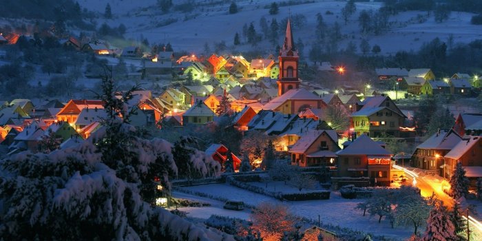 1600x800 landscape, Nature, Village, Winter, Snow, Lights, Street Light