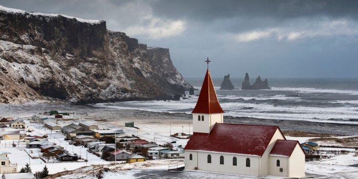 1920x1200 landscape, Church, Cliff, Sea, Snow, Winter, Iceland, Vik Wallpapers