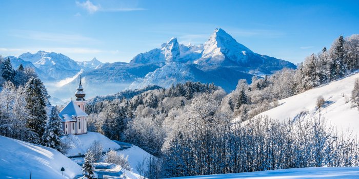 7468x4500 130008 #Germany, #Church, #8K, #Bavarian Alps, #Winter landscape