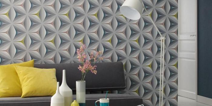 966x966 Illusion Geometric Wallpaper | Grey, Yellow, Pink & Teal