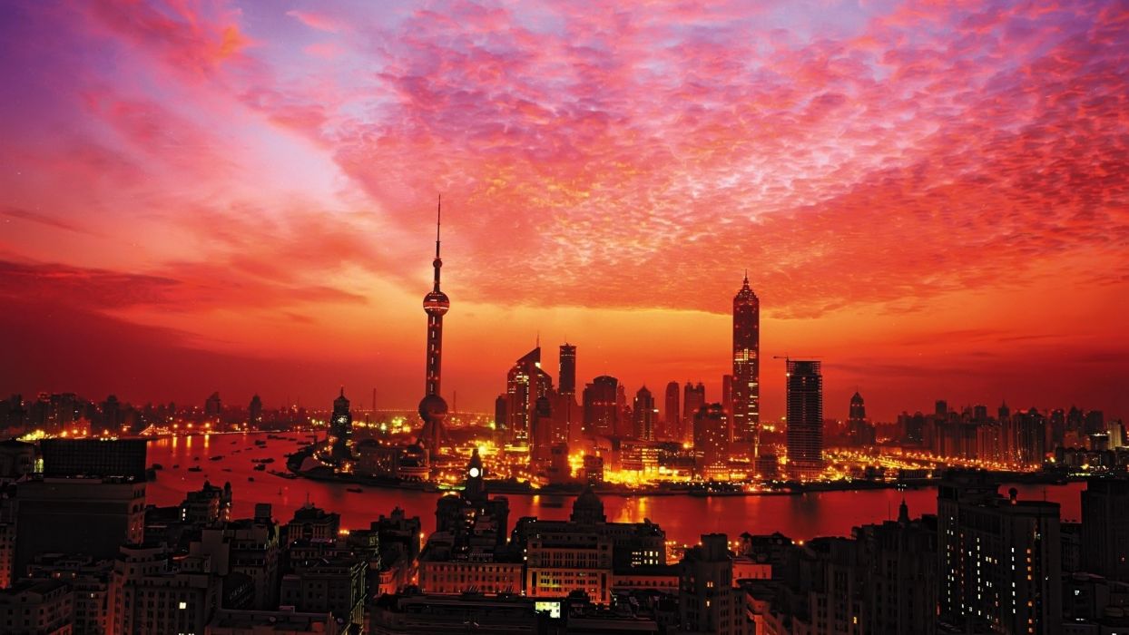 1244x700 Sunset Buildings Skyscrapers Shanghai sky wallpaper | 1920x1080