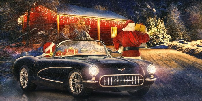 1920x1200 Wallpaper Corvette classic car, winter, snow, lights, New Year