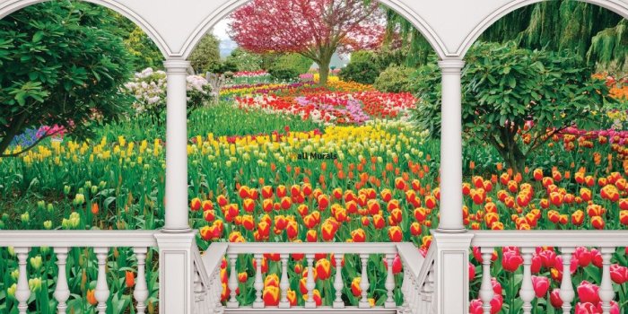 1200x800 Wallpaper terrace view with beautiful tulips garden