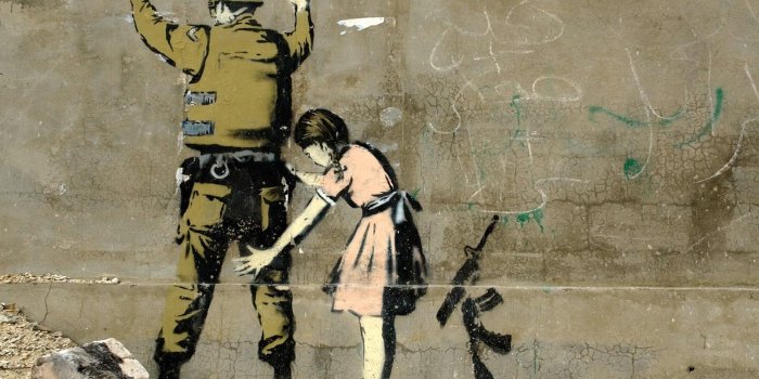 1680x1050 Banksy Girl Searching Soldier | WallpaperFool