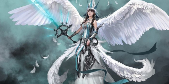 1332x850 Wallpaper girl, weapons, fiction, wings, angel, sword, feathers, art