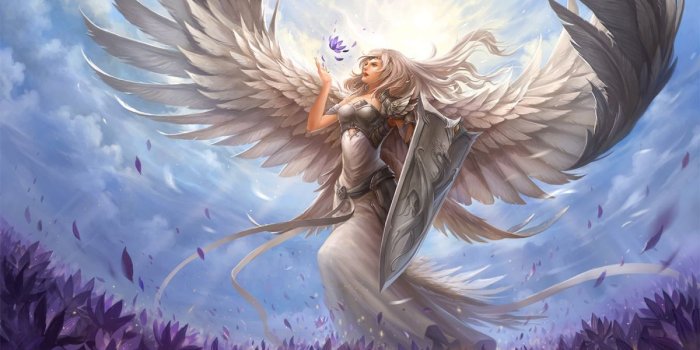 1200x700 Fantasy angel warrior sword flower blue sky dragon designe wallpaper