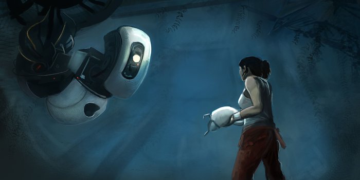 3107x1800 Portal: GLaDOS and Chell | Portal | Portal art, Portal, Portal wallpaper