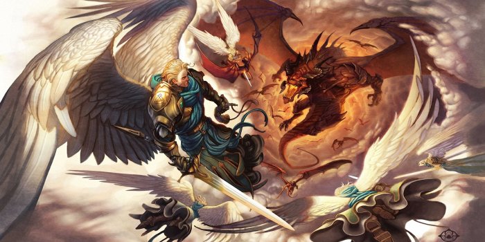 1920x1200 Battle with Dragon-Angel-sword-armor-wing flight-Fantasy-Hd