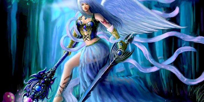 1920x1200 HD Sword Angel Wallpaper, fantasy, trees, forest, staff, angel
