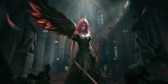 1920x977 Pink haired woman holding a sword illustration HD wallpaper