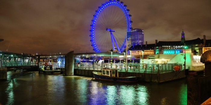 1366x768 Modern: Night View London Eye Overcast Boats Cloudy Architecture